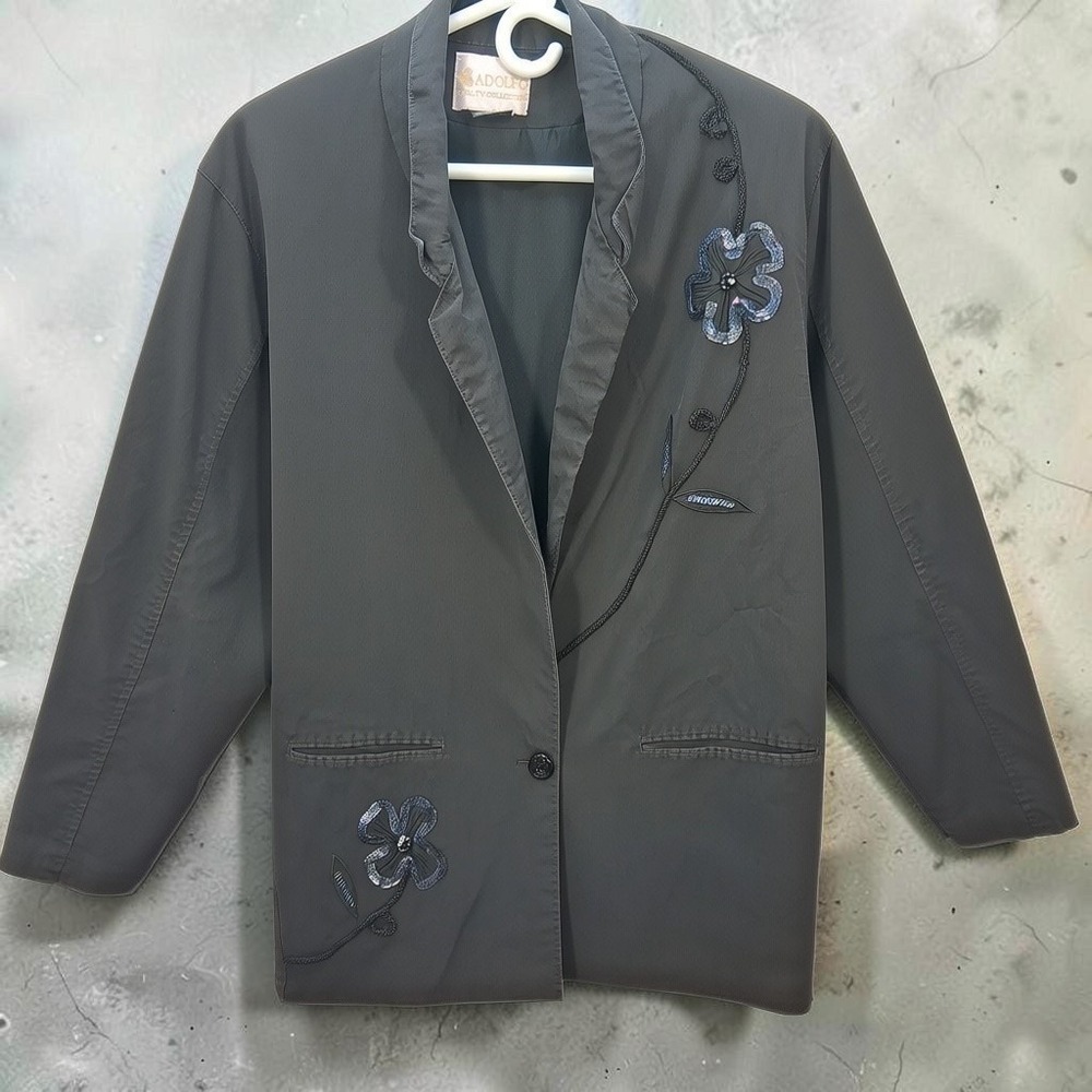 VTG Adolfo Royalty Collection Floral Sequin Blazer Jacket Grey Womens Small S
